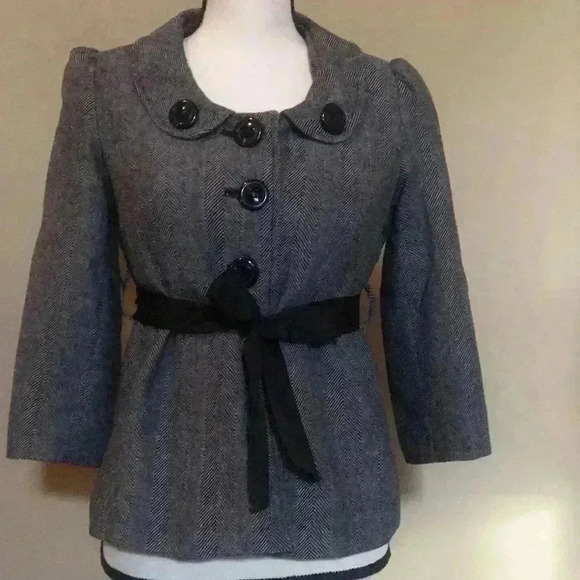 Womens Blazer Pea Vintage Looking Wool‎ Herringbone Belted Feminine Buttons M - Picture 12 of 13